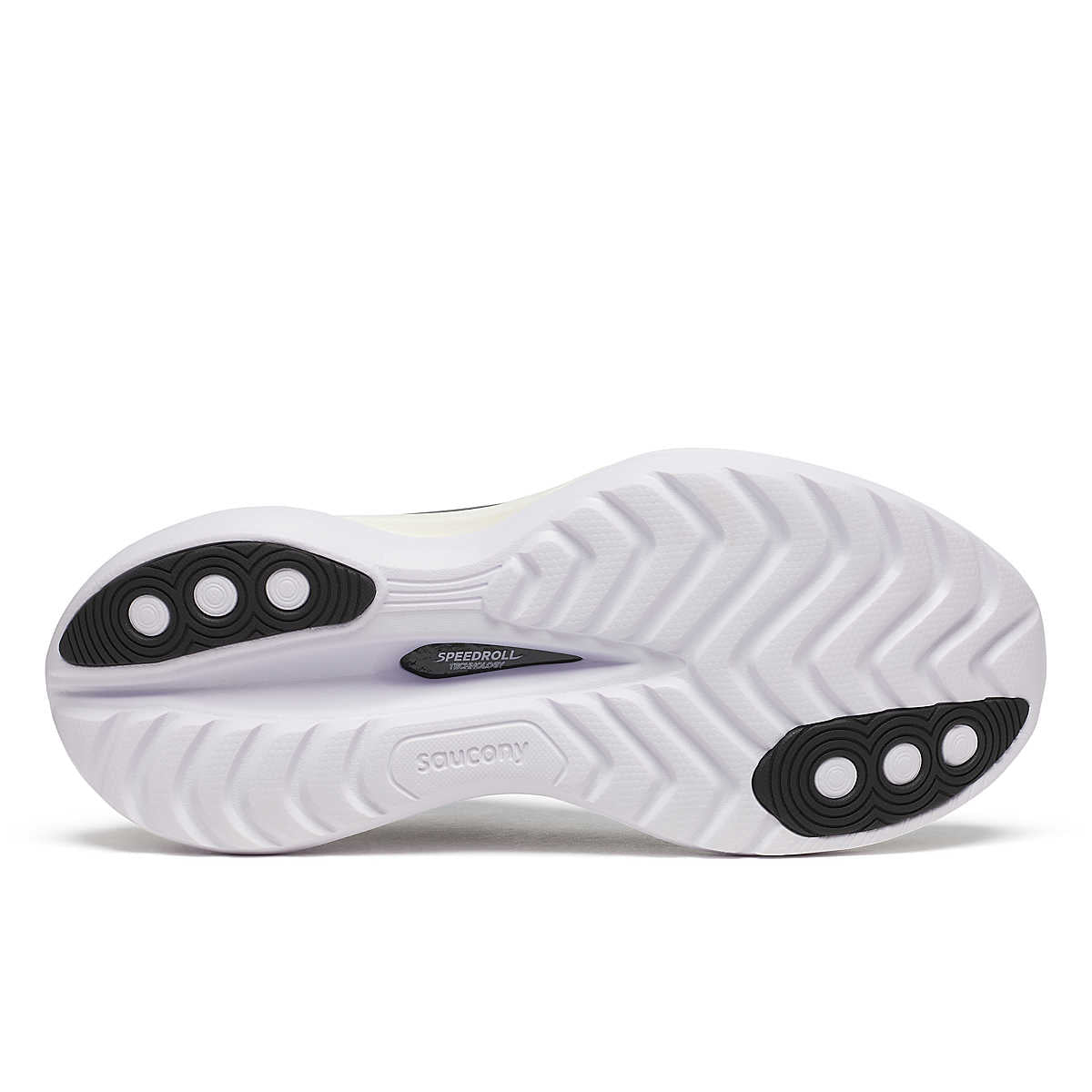 Men's Saucony Endorphin Trainer. Black upper. White midsole. Bottom view.