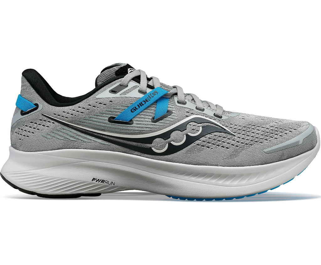 Men's Saucony Guide 16. Grey upper. Grey midsole. Lateral view.