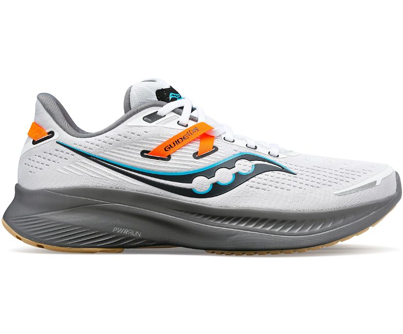 Men's Saucony Guide 16. White upper. Grey midsole. Lateral view.
