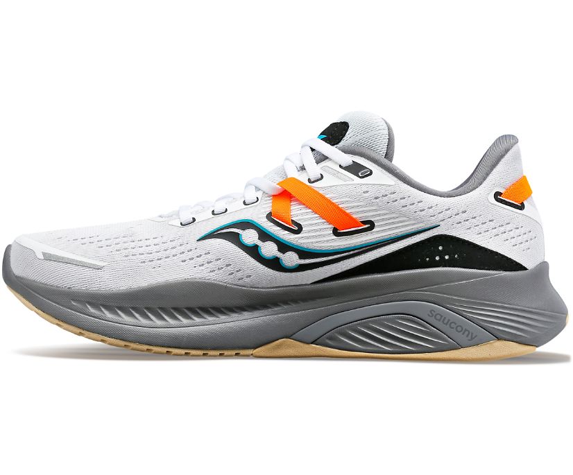 Men's Saucony Guide 16. White upper. Grey midsole. Medial view.