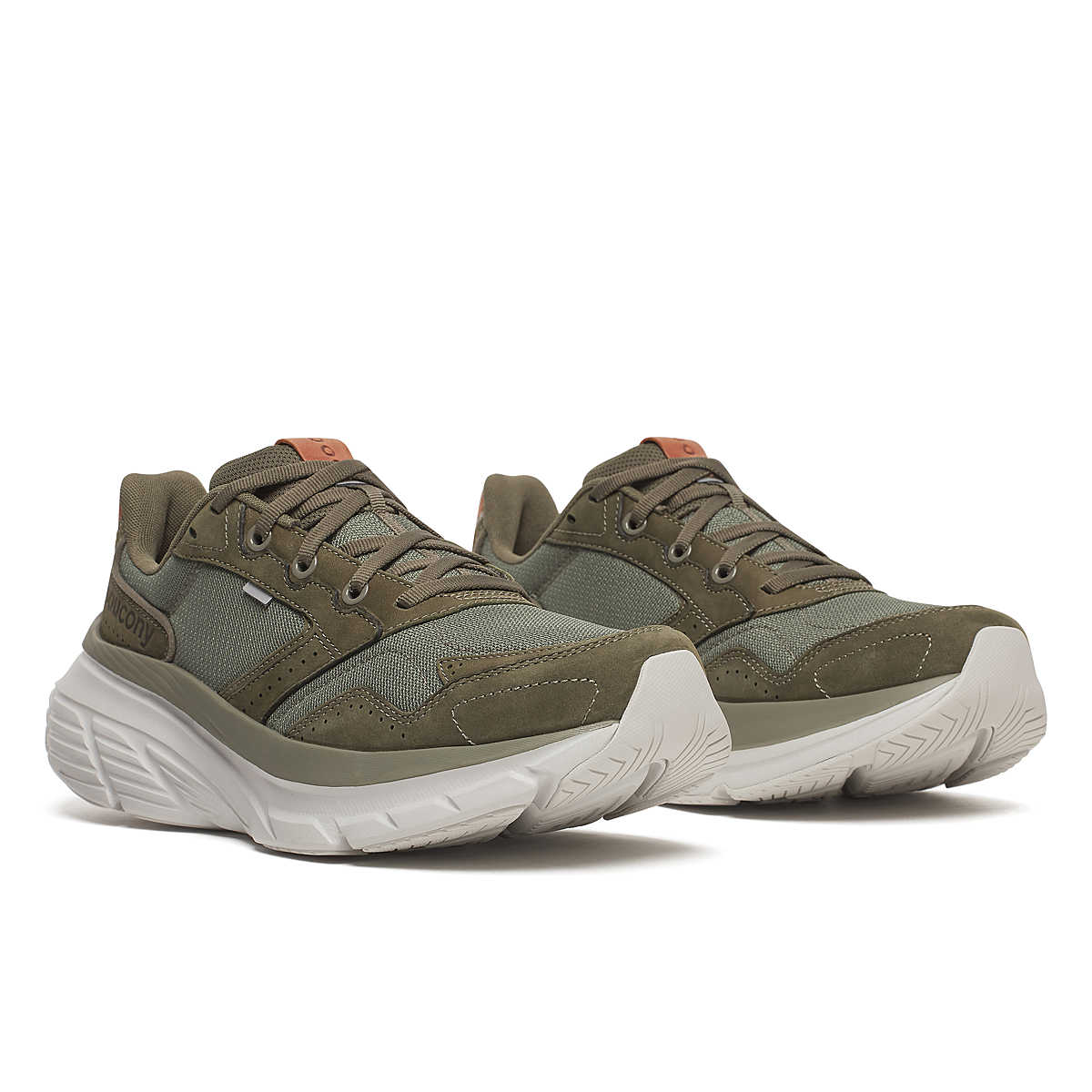 Men's Saucony Guide Metro. Olive upper. White midsole. Lateral view.