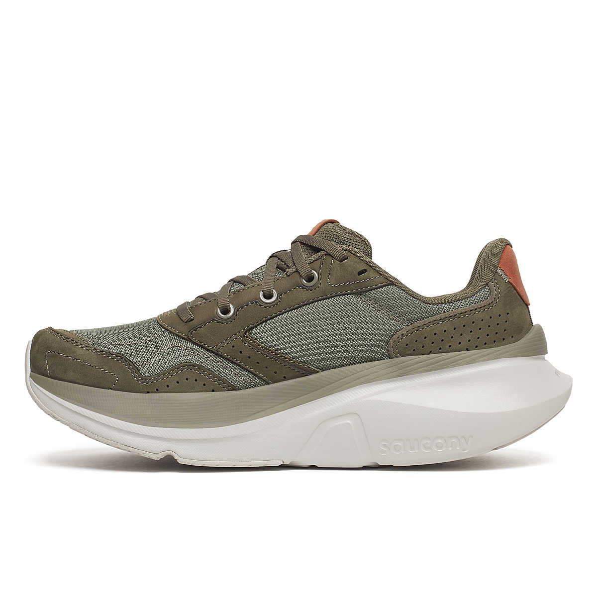 Men's Saucony Guide Metro. Olive upper. White midsole. Medial view.