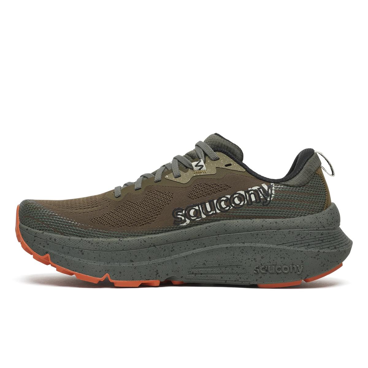 Men's Saucony Guide TR. Brown upper. Green midsole. Medial view.