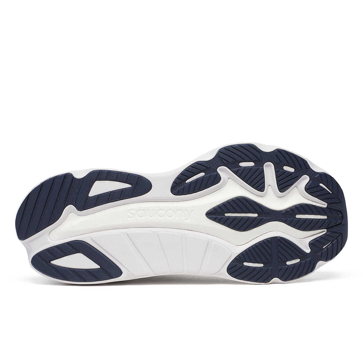 Men's Saucony Hurricane 25. Grey upper. White midsole. Bottom view.