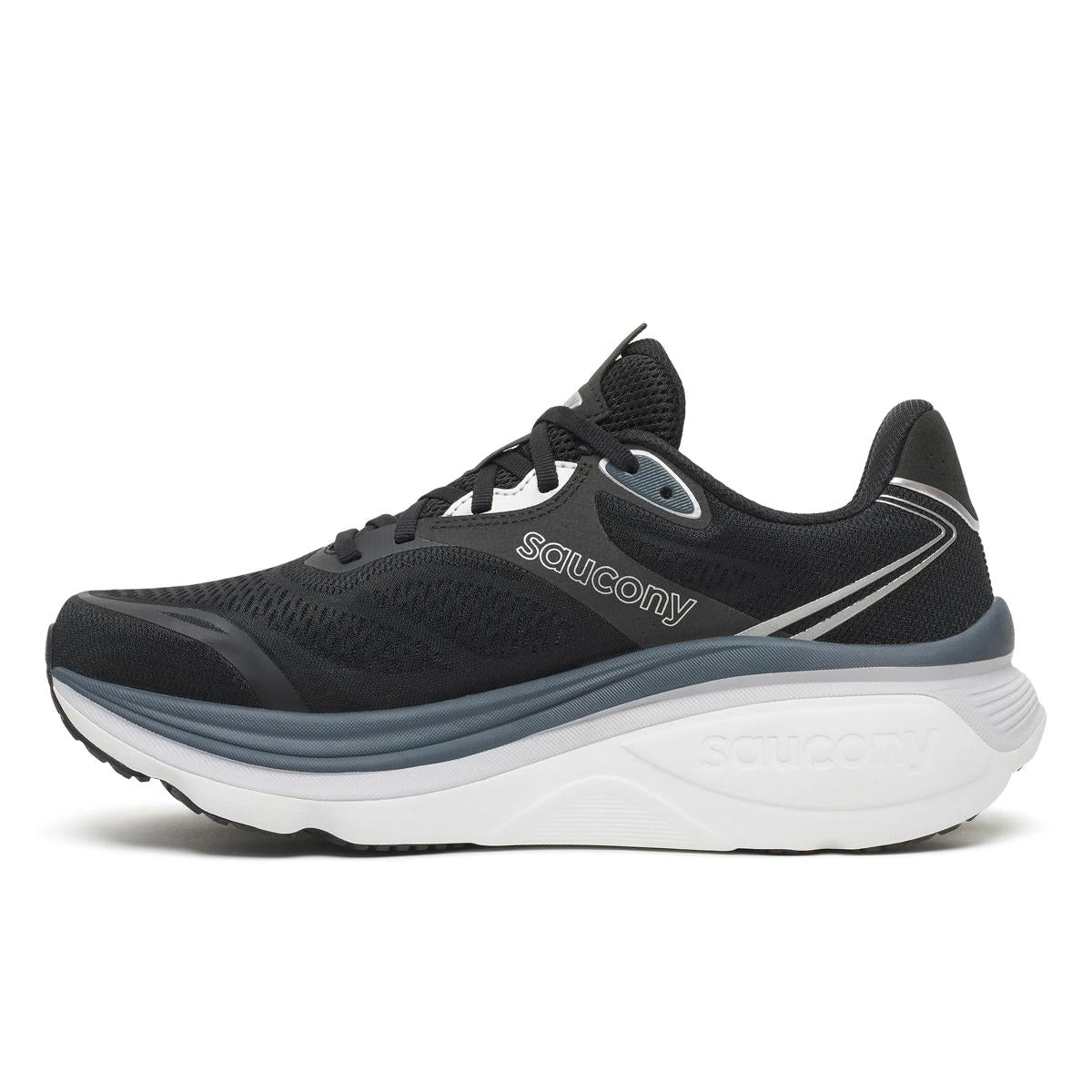 Men's Saucony Hurricane 26. Black upper. White midsole. Medial view.