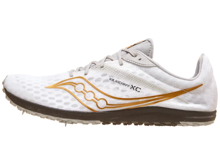 Men's Saucony Kilkenny XC 9. White upper. Black midsole. Lateral view.