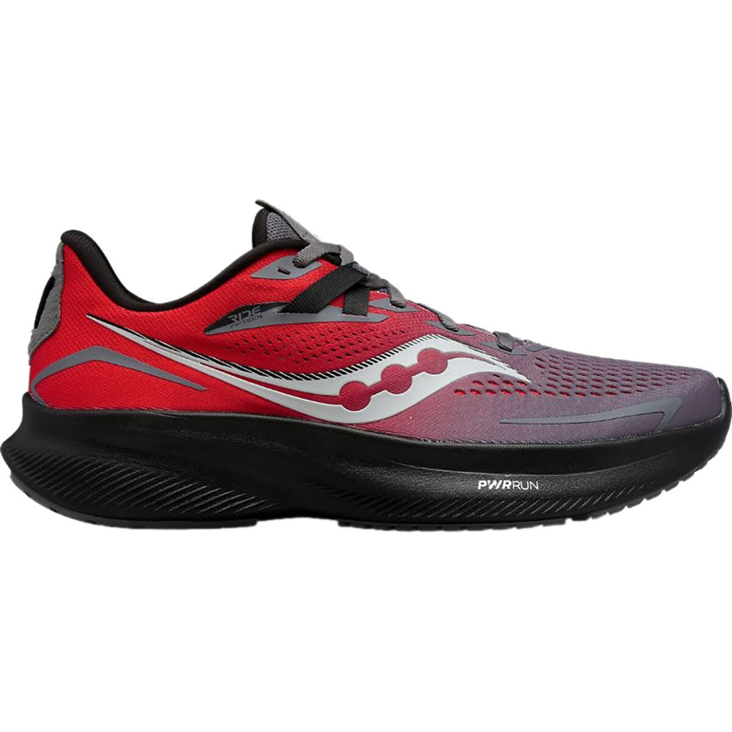 Men's Saucony Ride 15. Red/Grey upper. Black midsole. Lateral view.