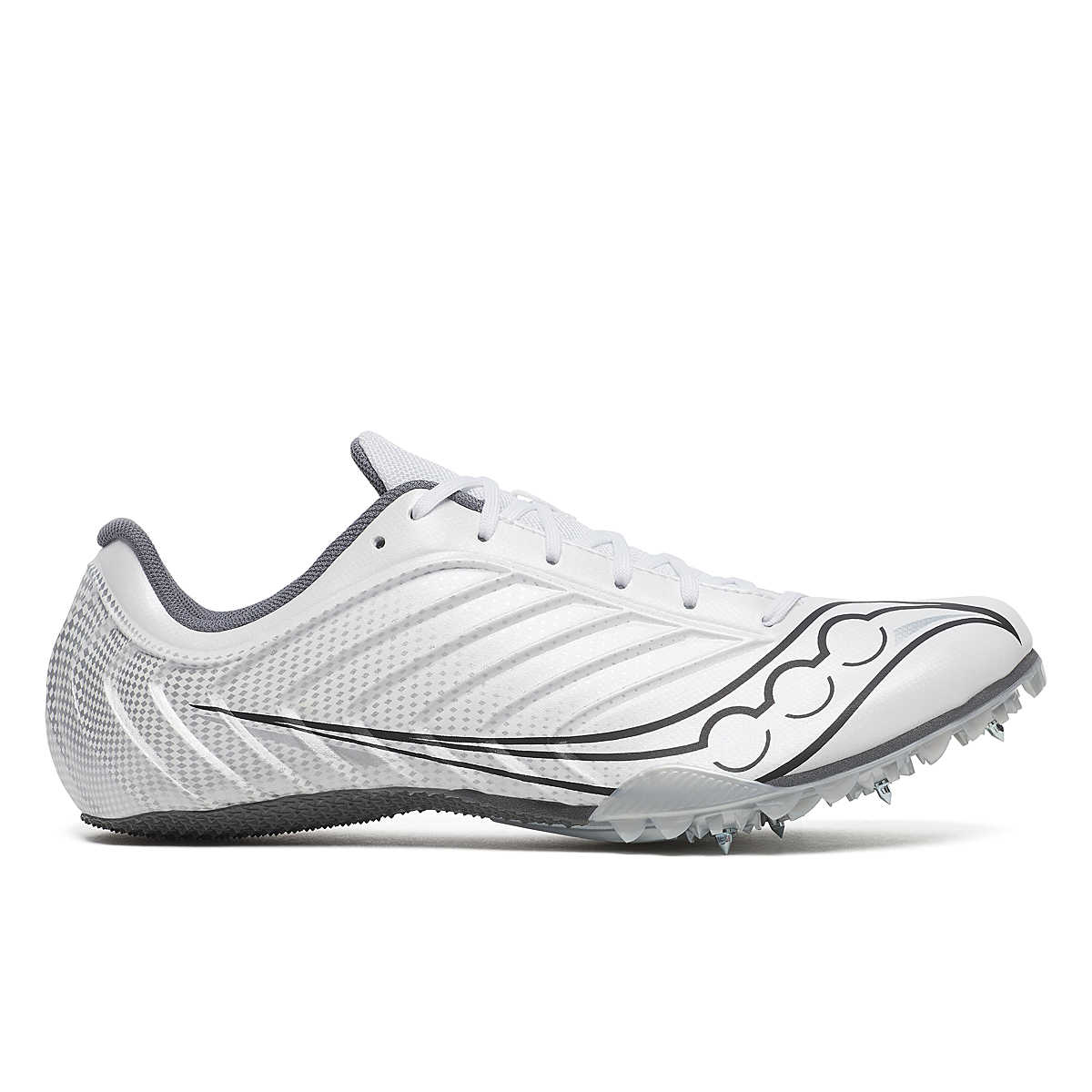 Men's Saucony Spitfire 5. White upper. Grey midsole. Lateral view.