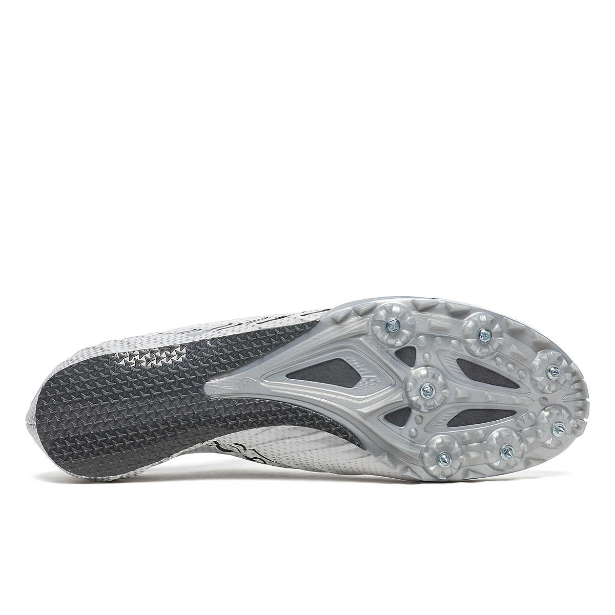 Men's Saucony Spitfire 5. White upper. Grey midsole. Bottom view.
