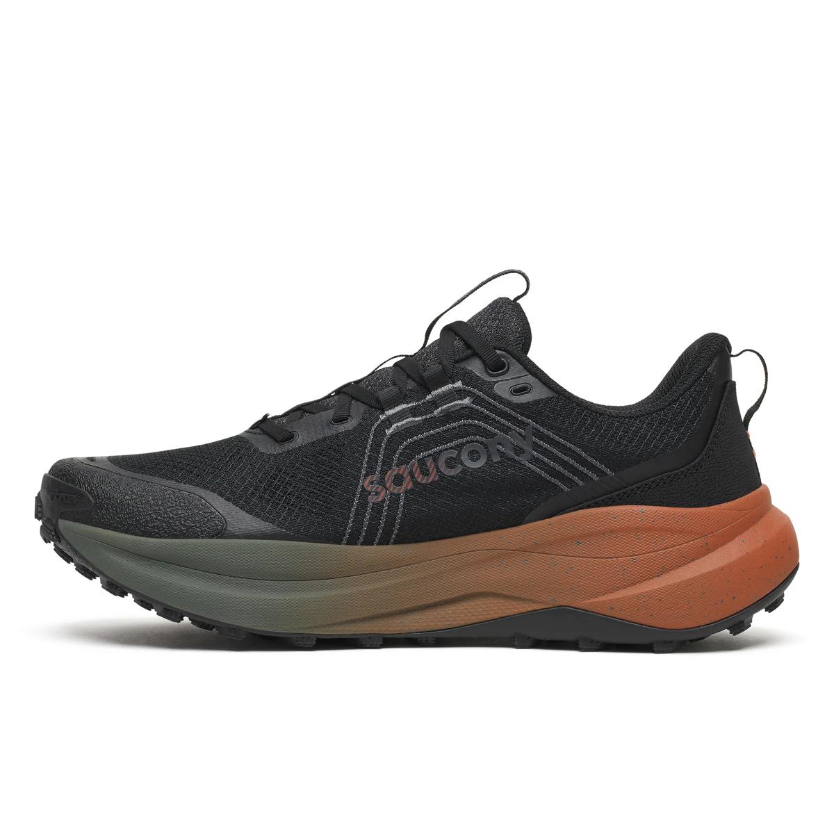 Men's Saucony Xodus Ultra 4. Black upper. Brown midsole. Medial view.
