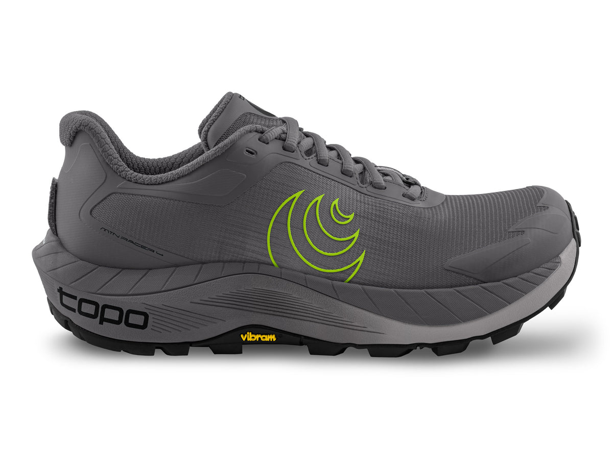Men's Topo MTN Racer 4. Grey upper. Grey midsole. Green logo. Lateral view.