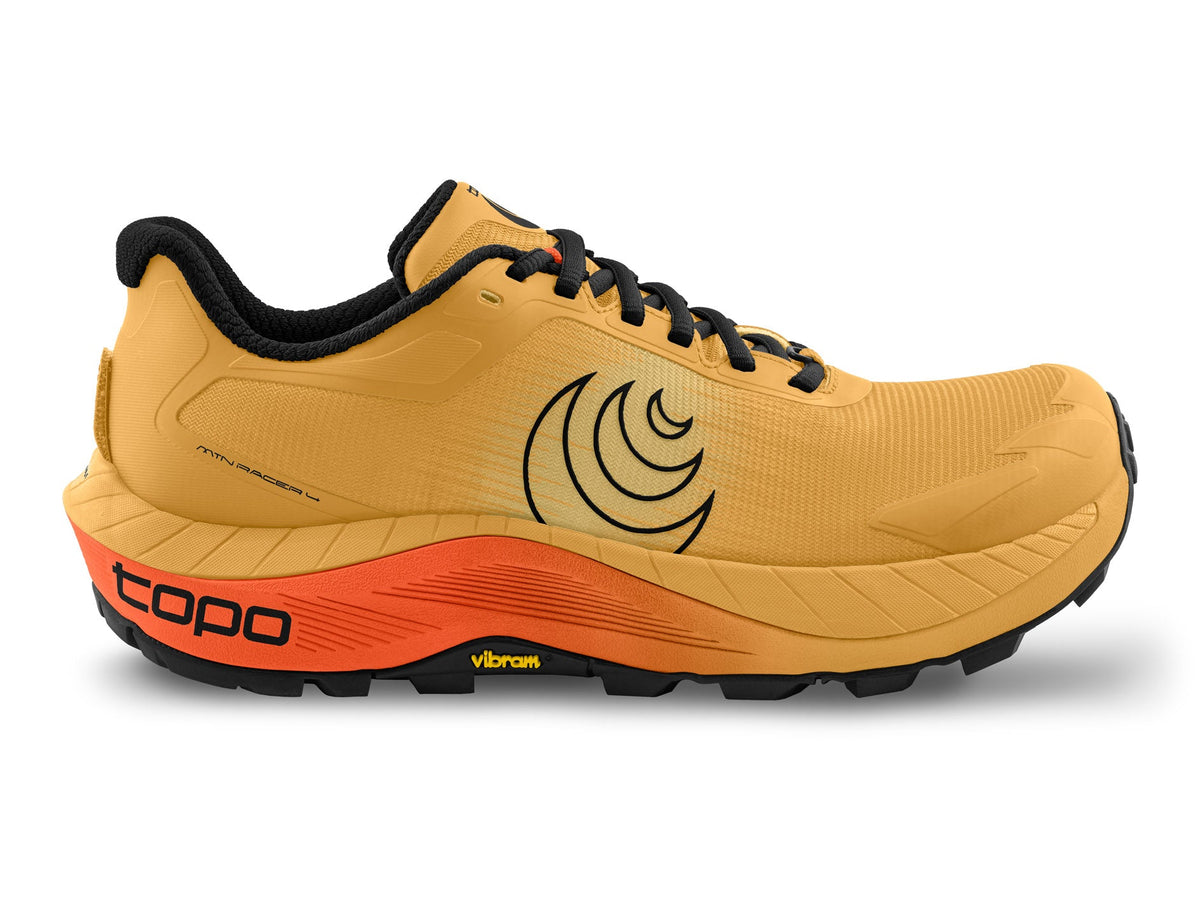 Men's Topo MTN Racer 4. Orange upper. Orange midsole. Black logo. Lateral view.