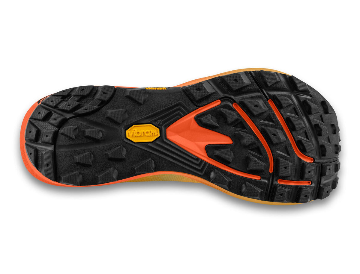 Men's Topo MTN Racer 4. Orange upper. Orange midsole. Bottom view.