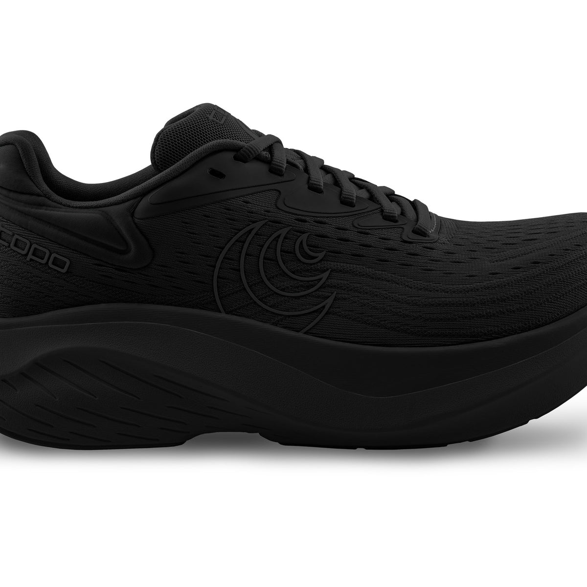Men's Topo Atmos 2. Black upper. Black midsole. Lateral view.