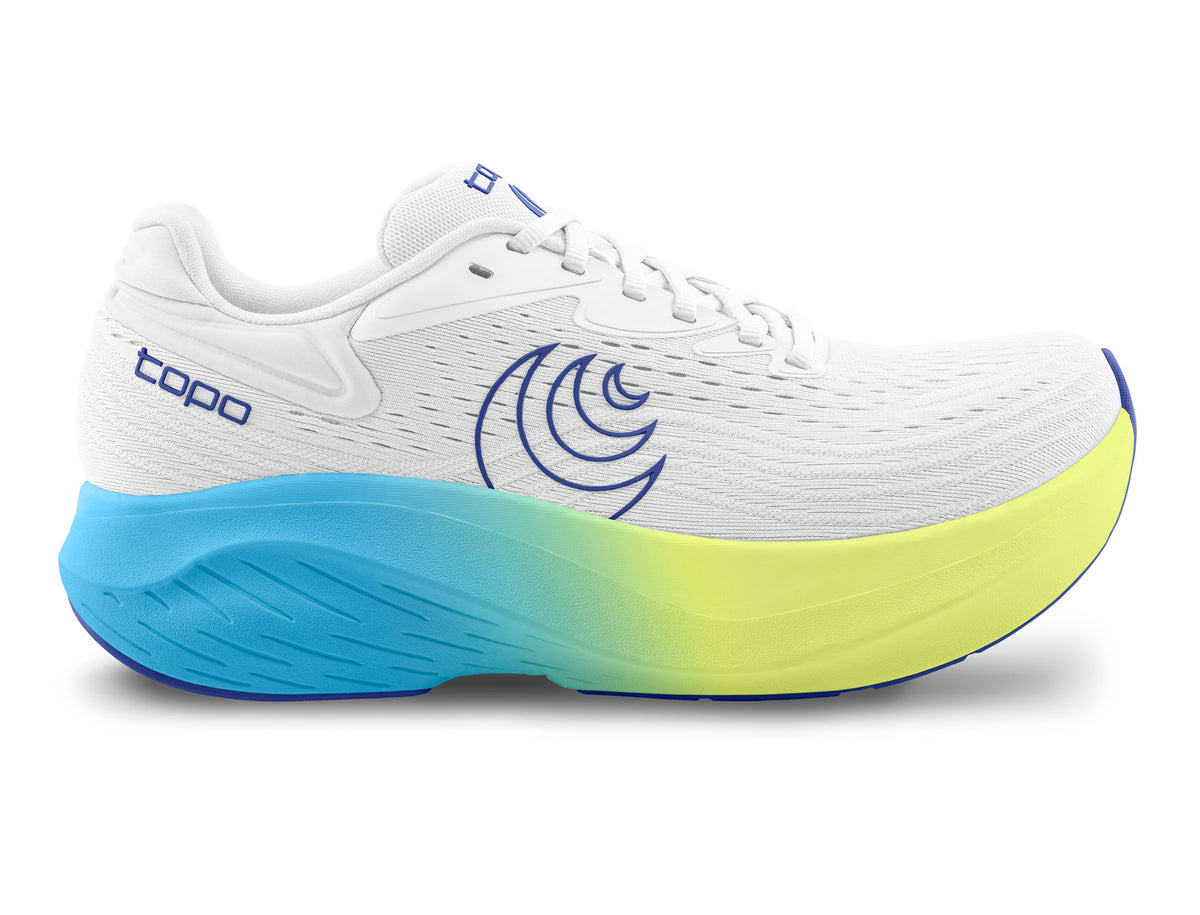 Men's Topo Atmos 2. White upper. Blue/Yellow midsole. Lateral view.