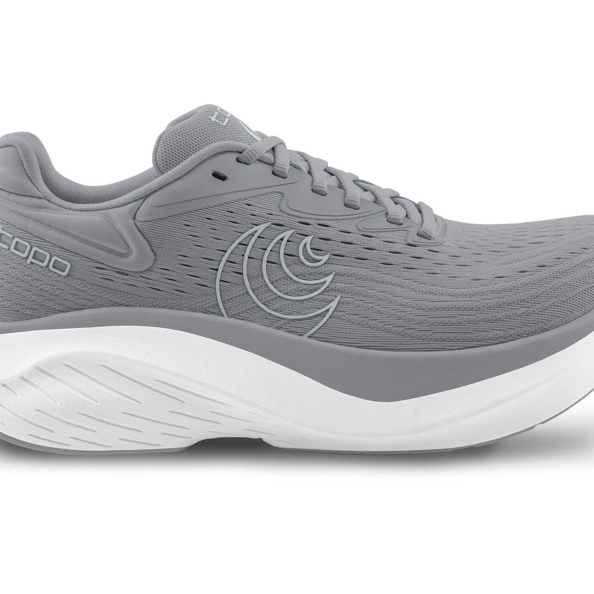 Men's Topo Atmos 2. Grey upper. White midsole. Lateral view.