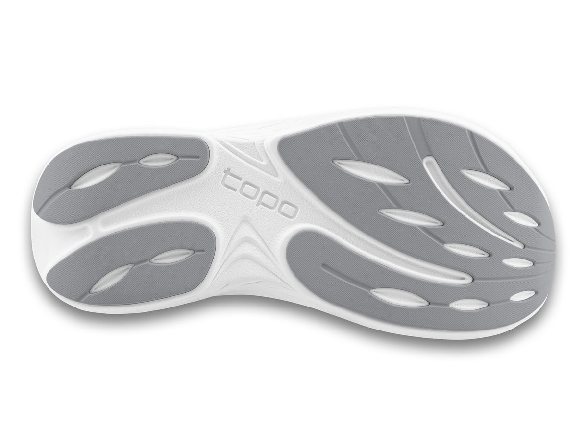 Men's Topo Atmos 2. Grey upper. White midsole. Bottom view.