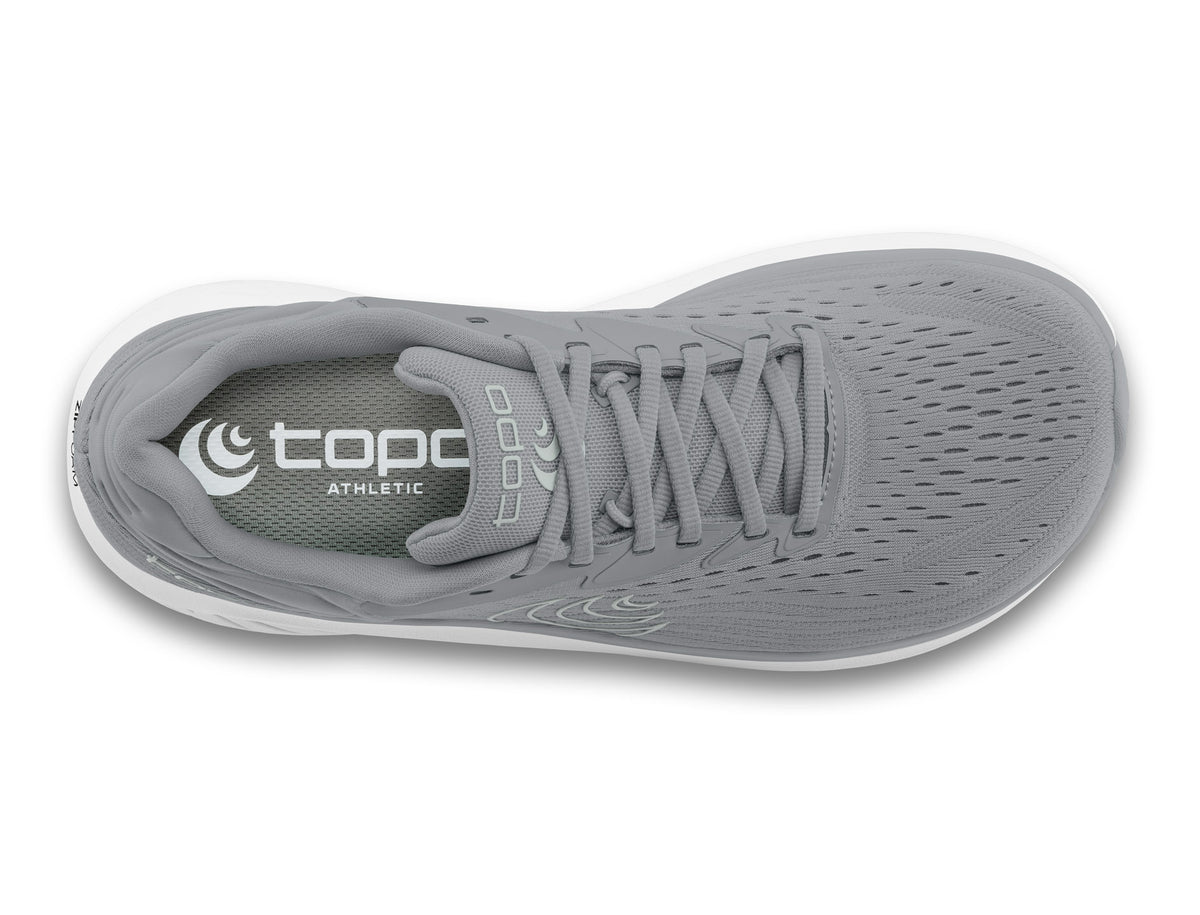 Men's Topo Atmos 2. Grey upper. White midsole. Top view.