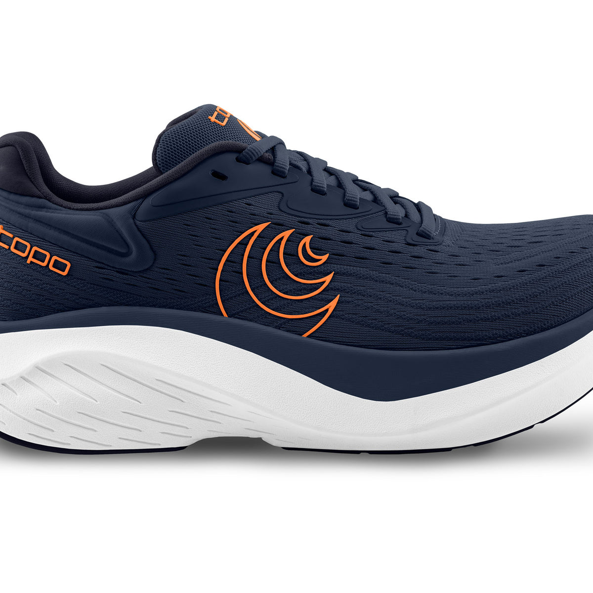 Men's Topo Atmos 2. Navy upper. White midsole. Lateral view.