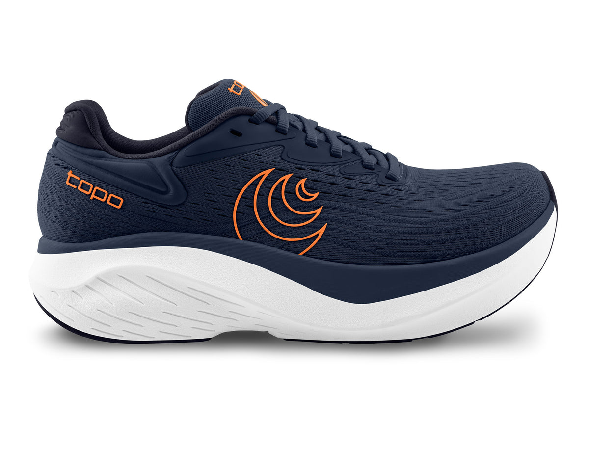 Men's Topo Atmos 2. Navy upper. White midsole. Lateral view.