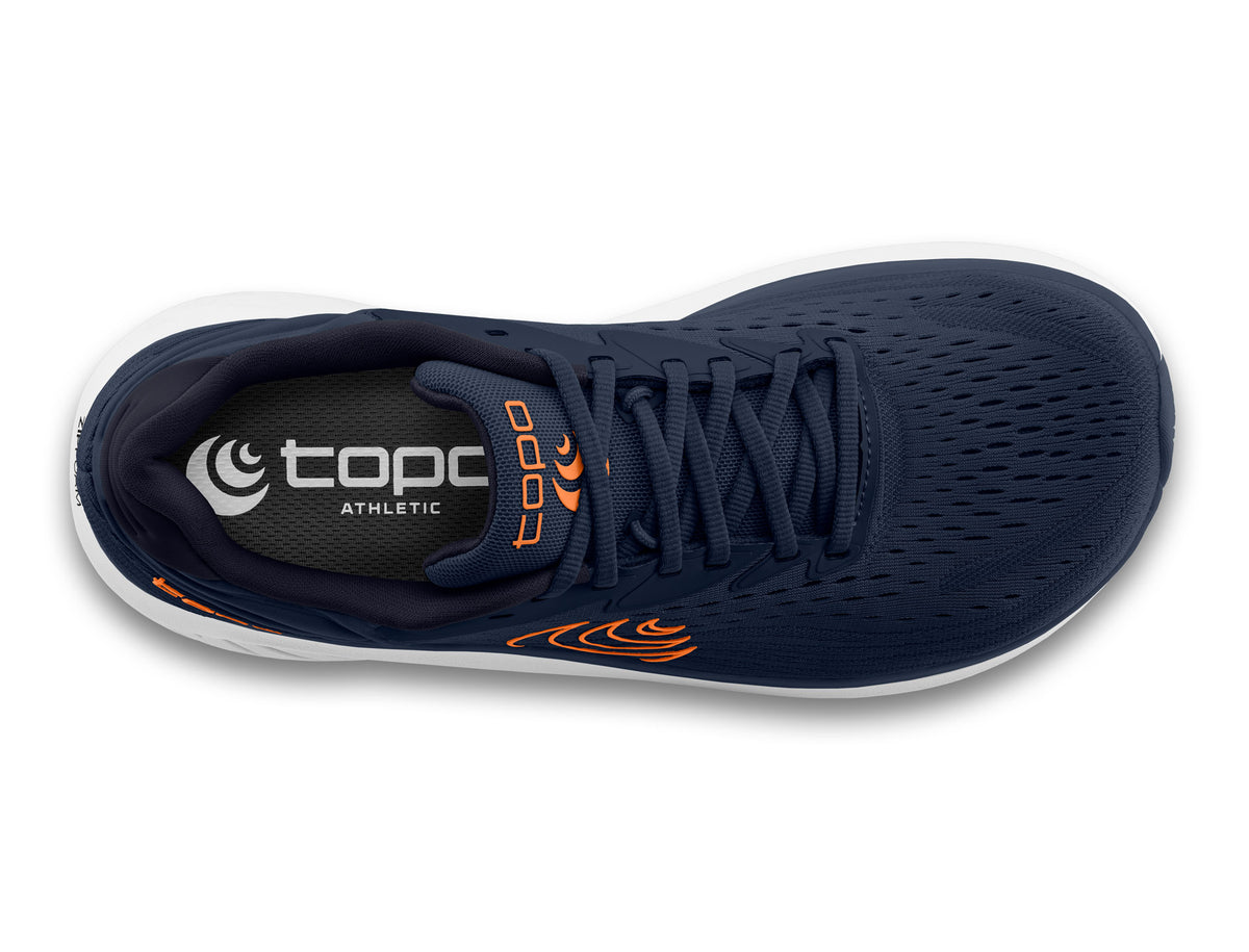 Men's Topo Atmos 2. Navy upper. White midsole. Top view.