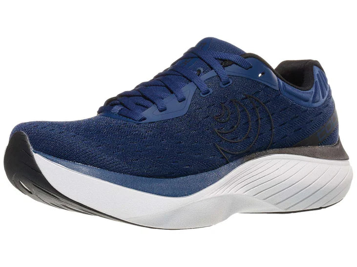 Men's Topo Athletic Atmos. Navy blue upper. White midsole. Lateral view.