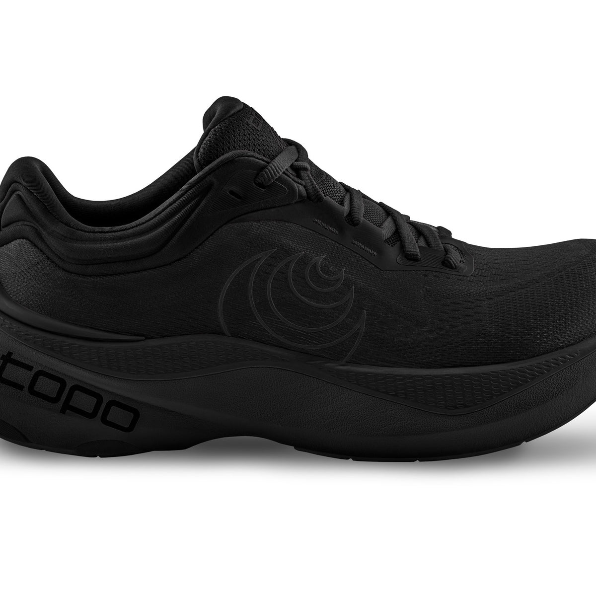Men's Topo Aura 2. Black upper. Black midsole. Lateral view.