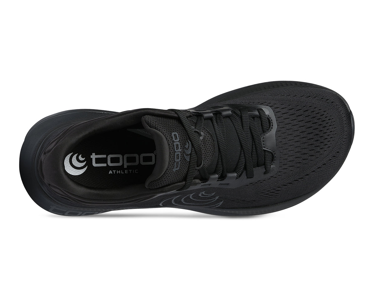 Men's Topo Aura 2. Black upper. Black midsole. Top view.