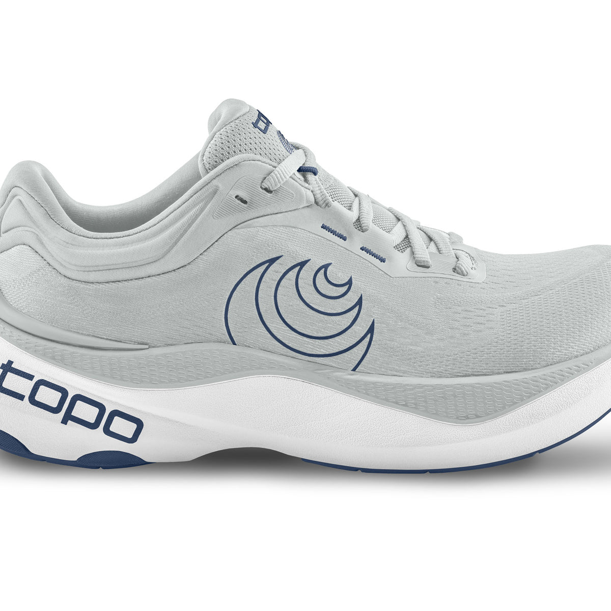 Men's Topo Aura 2. Light Grey upper. White midsole. Lateral view.