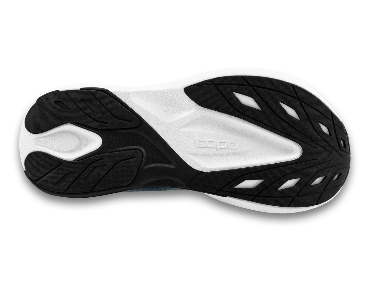 Men's Topo Athletic Aura in Grey/Charcoal, outsole view.