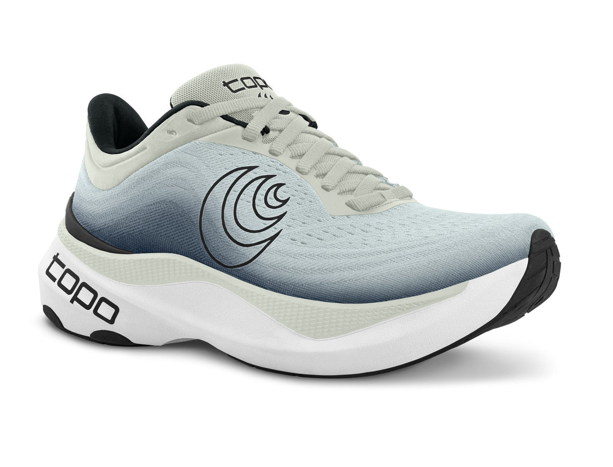 Men's Topo Athletic Aura in Grey/Charcoal, lateral view.