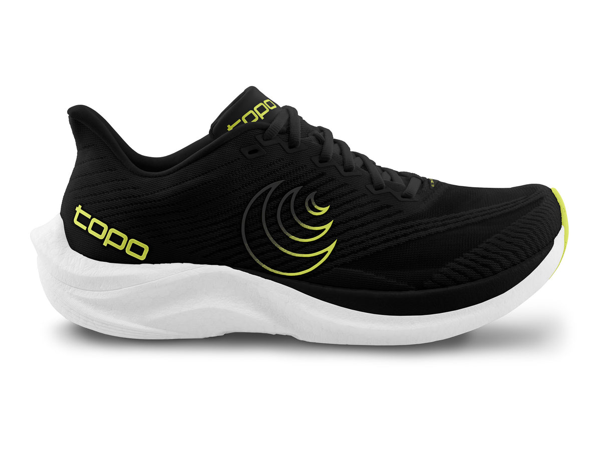 Men's Topo Cyclone 3. Black upper. White midsole. Lateral view.