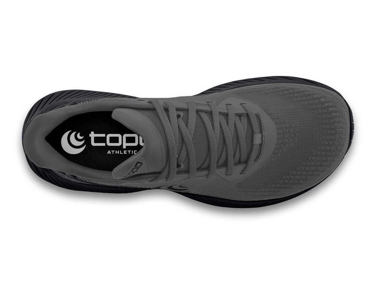Men's Topo Fli-Lyte 6. Dark Grey upper. Black midsole. Top view.