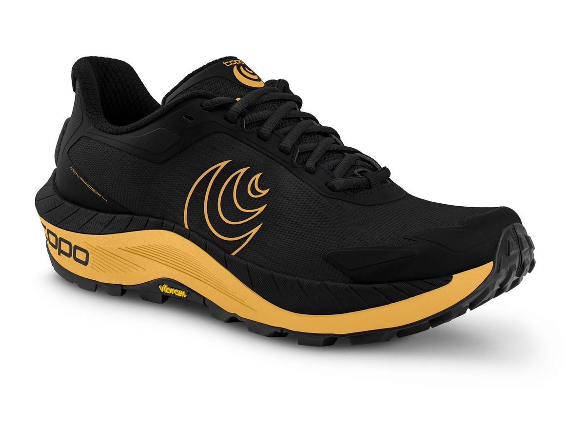 Men's Topo MTN Racer 4. Black upper. Yellow midsole. Lateral view.