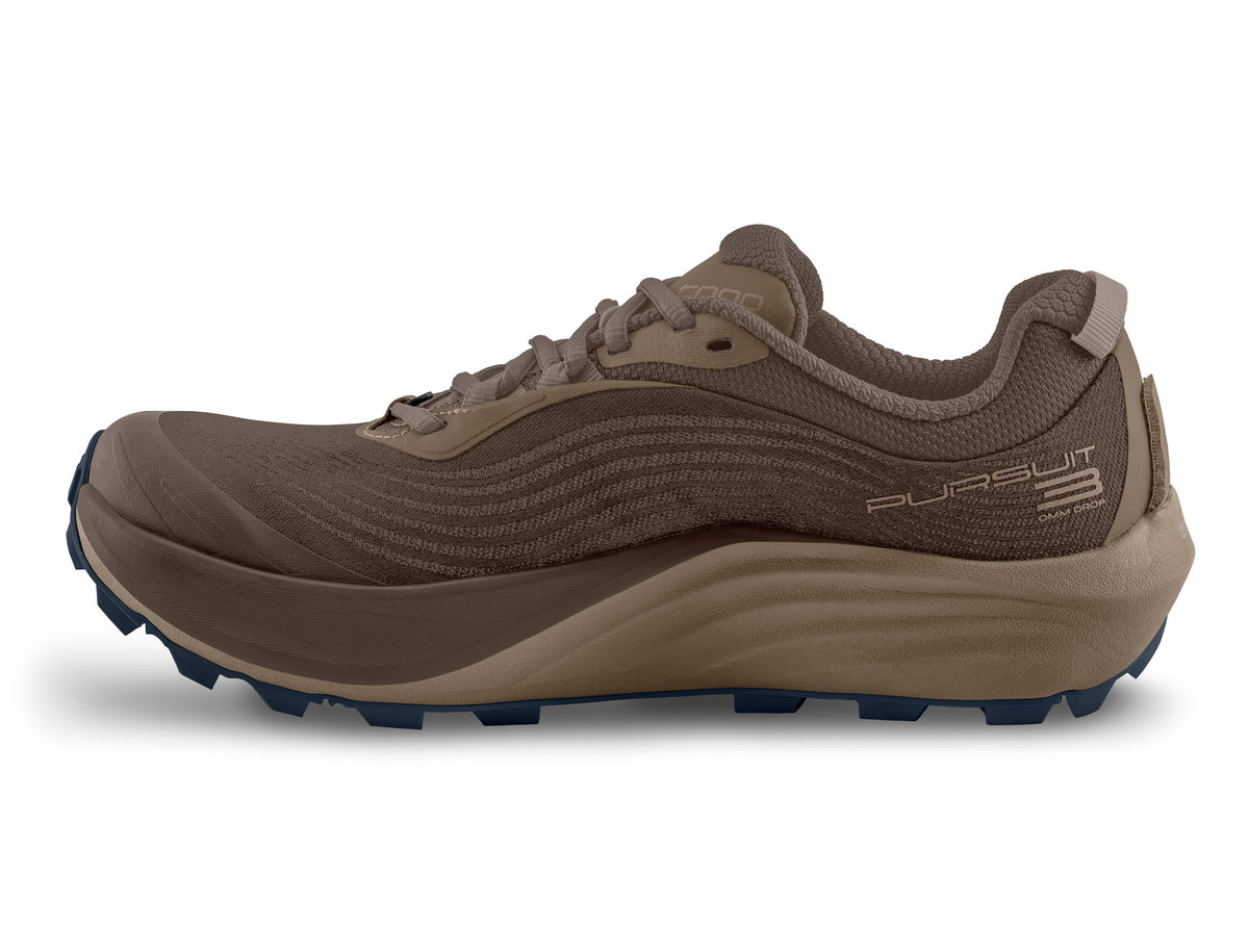 Men's Topo Pursuit 3. Brown upper. Bown midsole. Medial view.