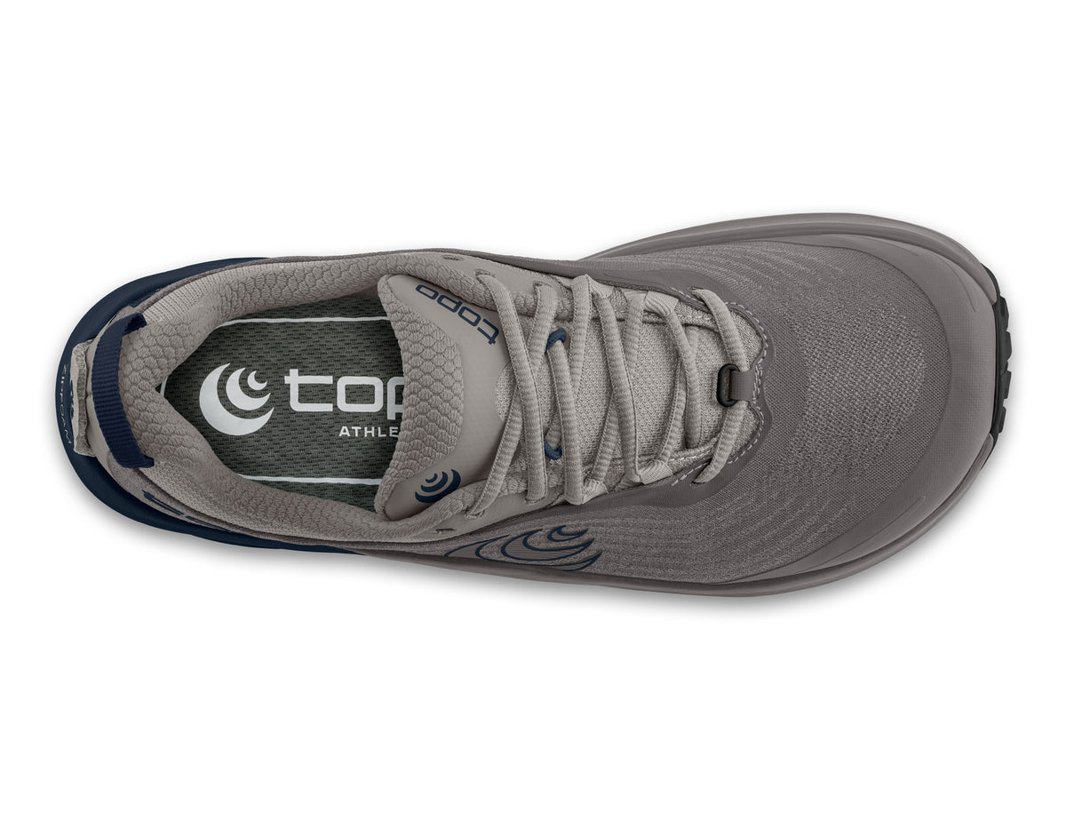 Men's Topo Pursuit 3. Grey upper. Navy midsole. Top view.