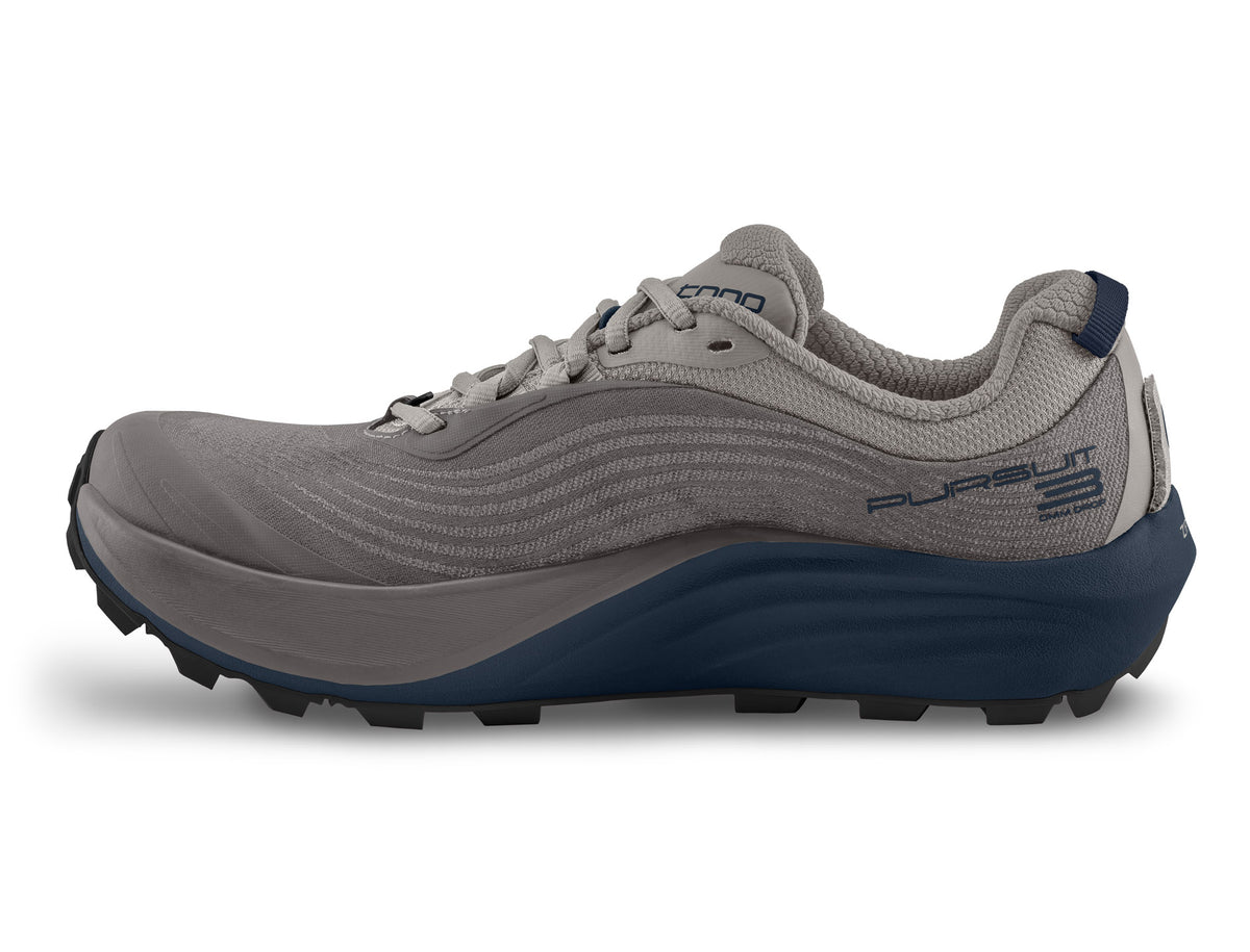 Men's Topo Pursuit 3. Grey upper. Navy midsole. Medial view.