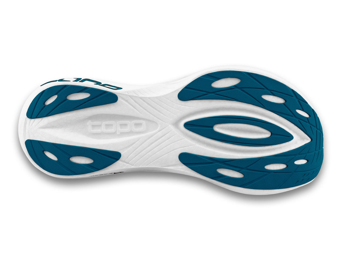 Men's Topo Specter 2. Blue upper. White midsole. Bottom view.