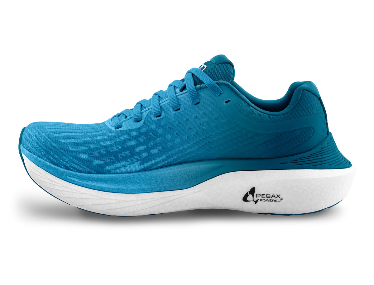 Men's Topo Specter 2. Blue upper. White midsole. Medial view.