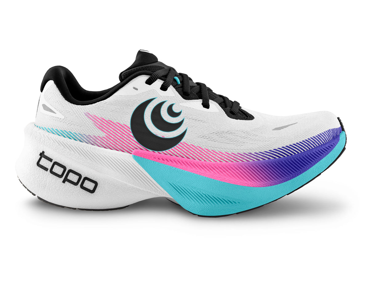 Men's Topo Specter 3. White upper. White/Teal midsole. Lateral view.