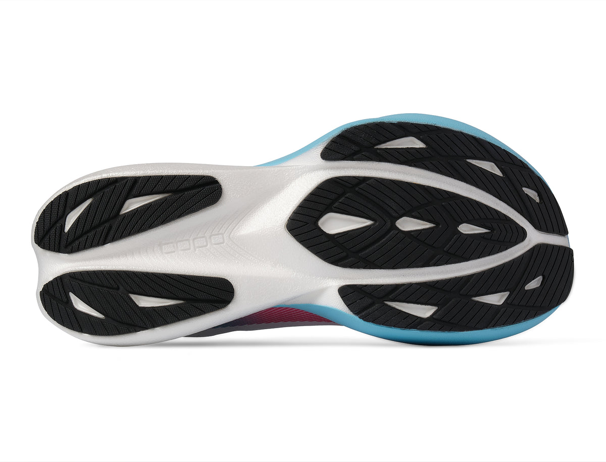 Men's Topo Specter 3. White upper. White/Teal midsole. Bottom view.