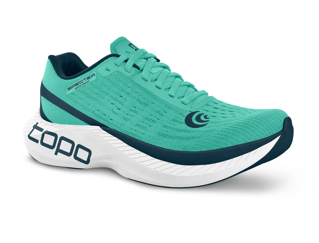 Men's Topo Athletic Specter. Teal upper. White midsole. Lateral view.
