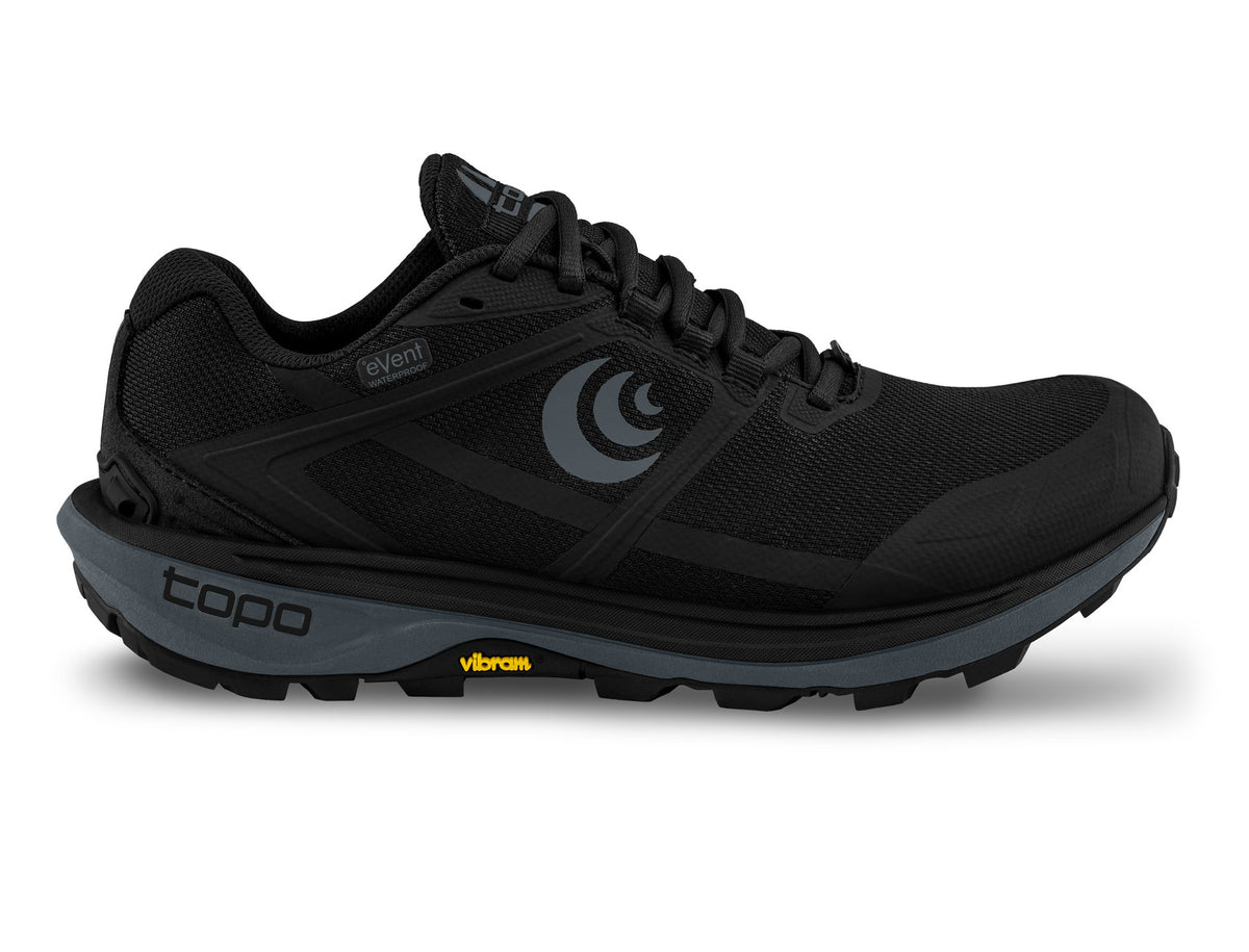 Men's Topo Terraventure WP. Black upper. Dark Grey midsole. Lateral view.