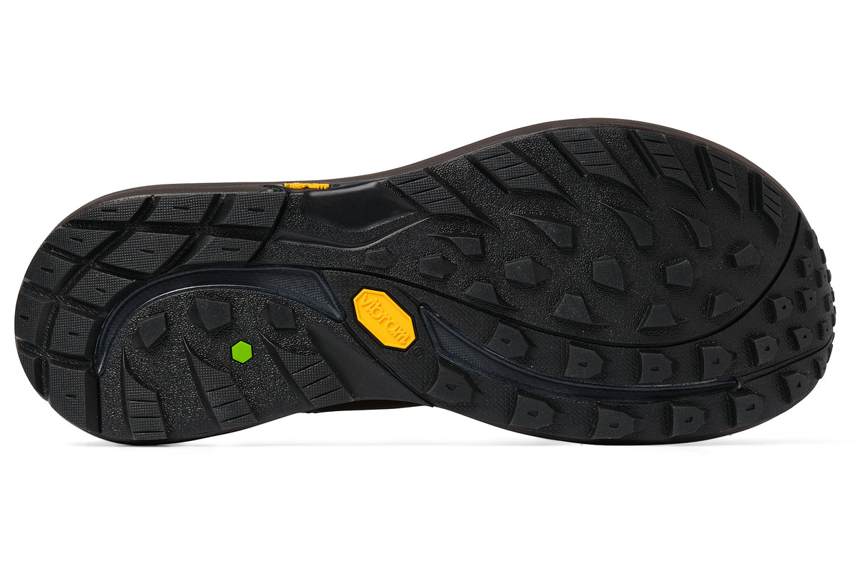 Men's Topo Trailventure 3 GTX. Brown upper. Black midsole. Bottom view.
