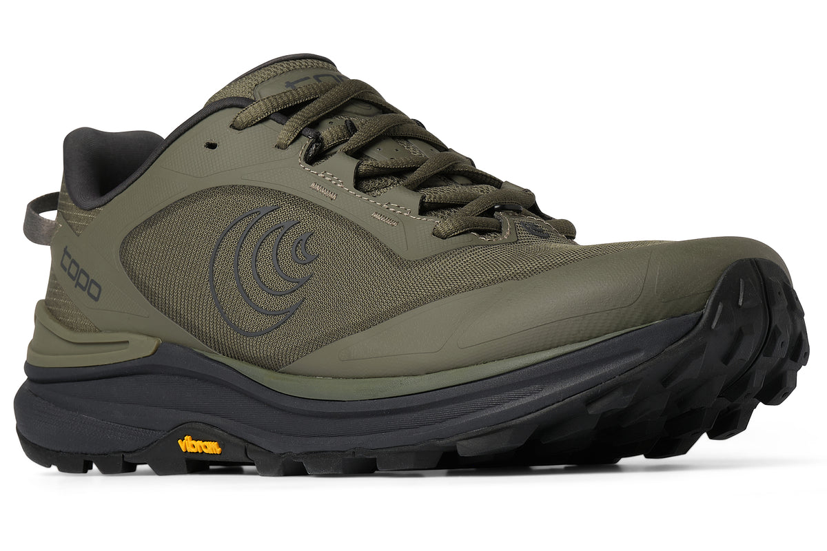 Men's Topo Traverse 2. Dark Green upper. Black midsole. Lateral view.
