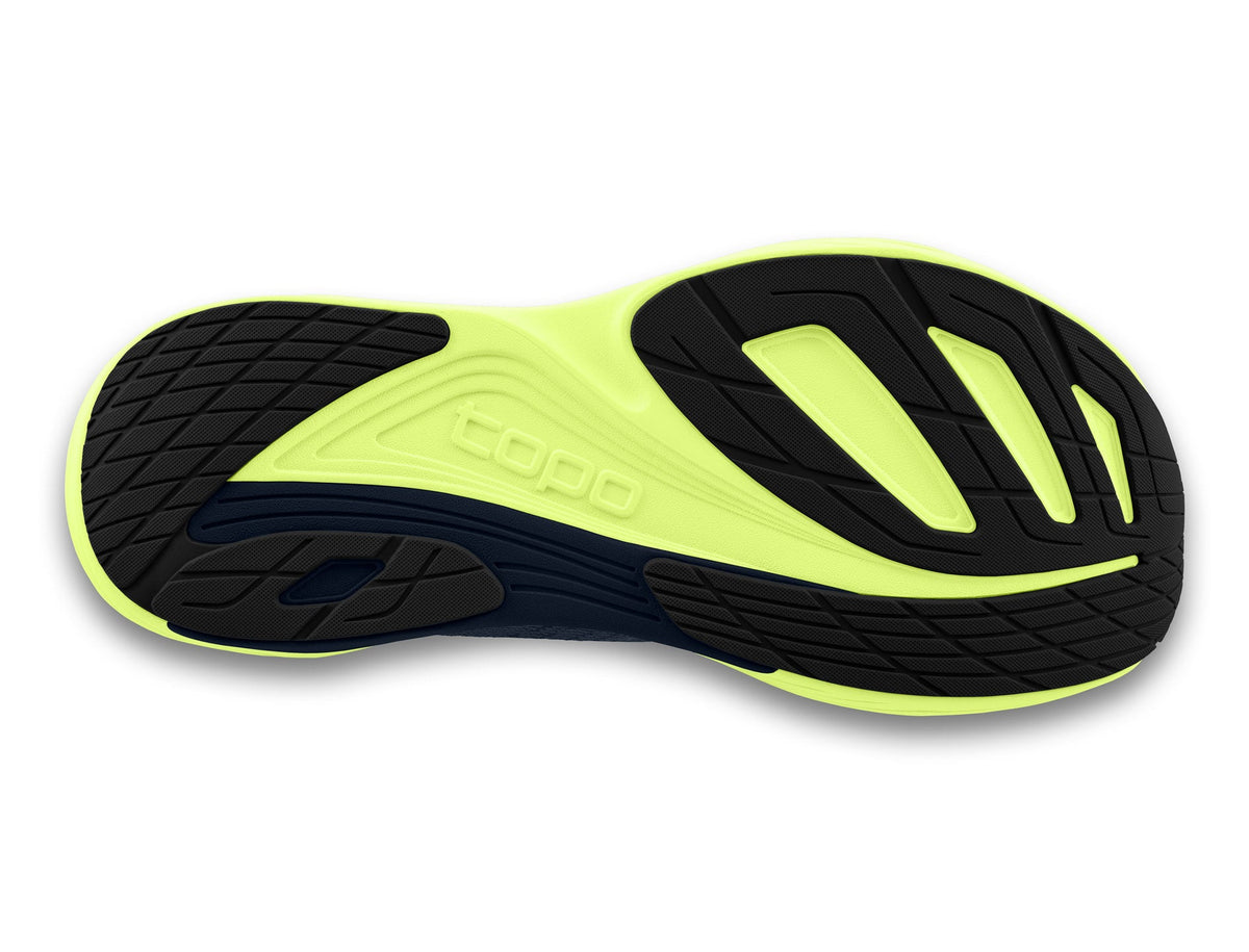 Men's Topo Athletic Ultrafly 5 in Navy/Lime, outsole view