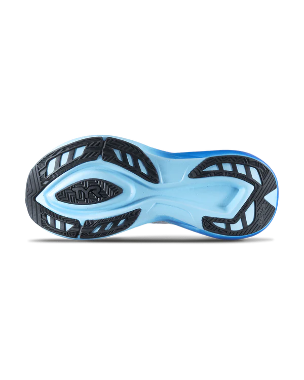 Men's TYR Maverick v1. Light Grey upper. Blue midsole. Bottom view.
