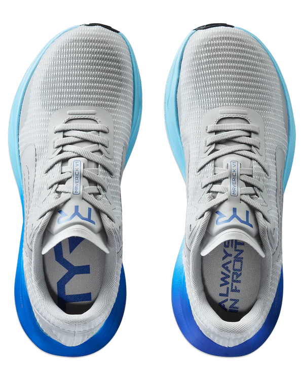 Men's TYR Maverick v1. Light Grey upper. Blue midsole. Top view.