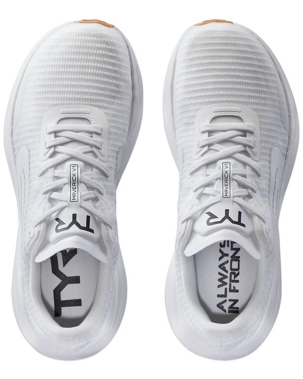 Men's TYR Maverick v1. White upper. White midsole. Top view.