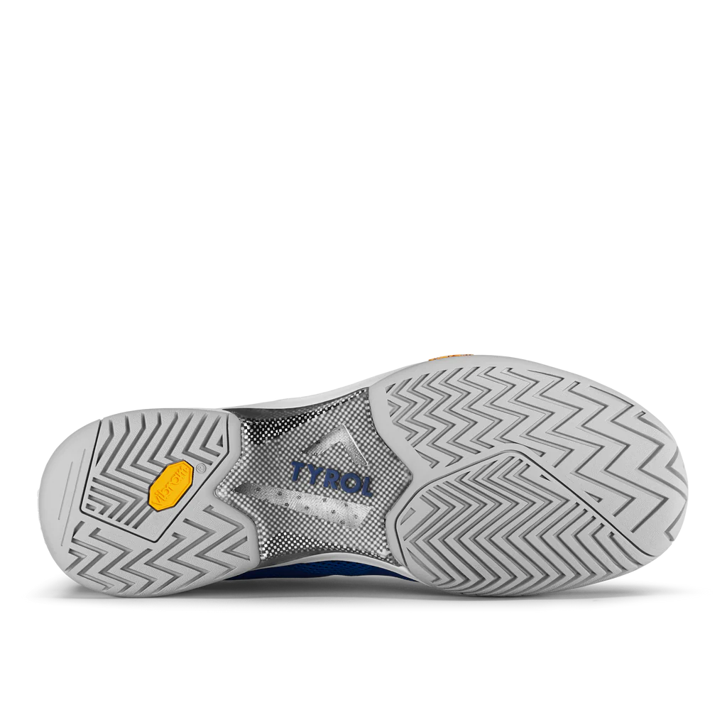 Men's Tyrol Drive V. Blue upper. Grey midsole. Bottom view.